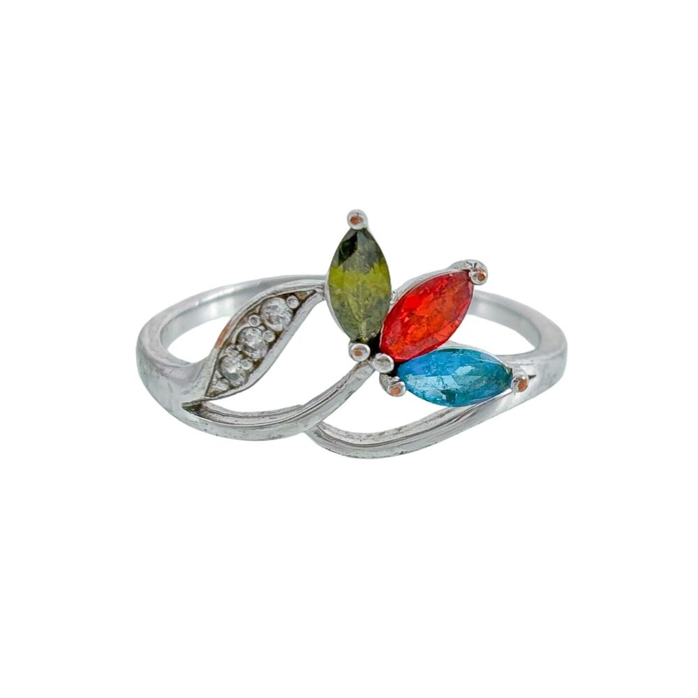 Vintage Silver Plate Multicolor Cubic Zirconia Leaf Ring Size 9.5